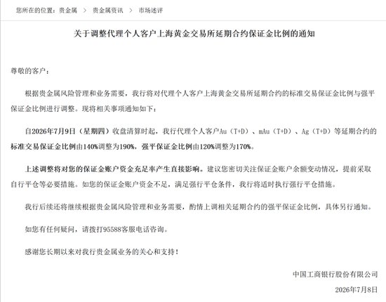 最高升至190%！工商银行上调黄金延期合约保证金比例